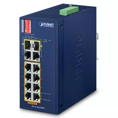 Planet IFGS-1022HPT ipari PoE switch 8-Port 10/100TX PoE + 2-Port Gigabit TP/SFP